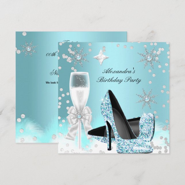 Teal Champagne High Heels Birthday Party Invitation (Front/Back)