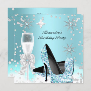 Teal Champagne High Heels Birthday Party Invitation