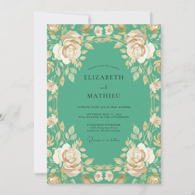 Teal Champagne Leafy Wedding Invitation (Front)
