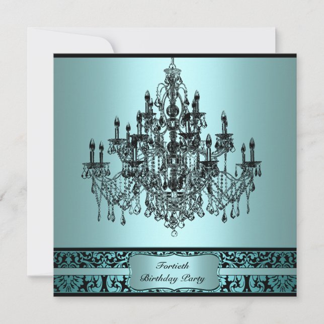 Teal Chandelier Black Damask 40th Birthday Invitat Invitation (Front)