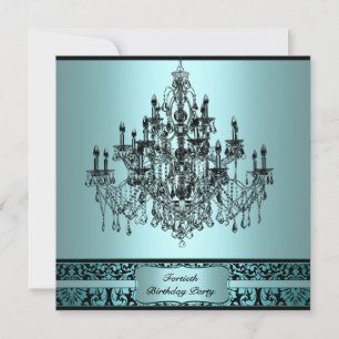 Teal Chandelier Black Damask 40th Birthday Invitat Invitation