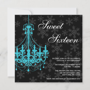 Teal Chandelier Black Snowflakes Sweet 16 Birthday Invitation