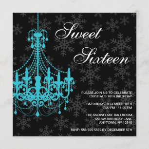 Teal Chandelier Black Snowflakes Sweet 16 Birthday Invitation