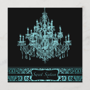Teal Chandelier Black Sweet Sixteen Invitation