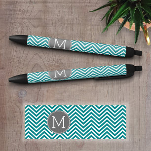 Teal Charcoal Chevrons Custom Monogram Black Ink Pen