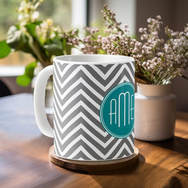 Teal Charcoal Chevrons Custom Monogram Coffee Mug (Mug template with monogram)