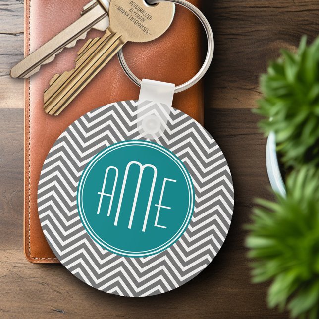 Teal Charcoal Chevrons Custom Monogram Key Ring (Personalized Keychain - Add Name or Monogram)