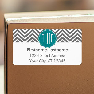 Teal Charcoal Chevrons Custom Monogram Label