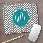 Teal Charcoal Chevrons Custom Monogram Mouse Mat<br><div class="desc">Blue and Gray - A bold art deco pattern in fresh,  cheerful colors. If you need to adjust the monograms,  click on the customize it button and make changes.</div>