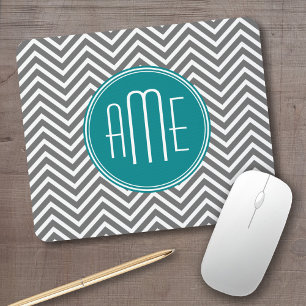 Teal Charcoal Chevrons Custom Monogram Mouse Mat
