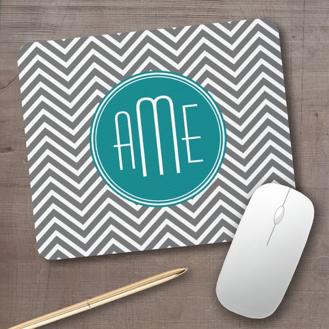 Teal Charcoal Chevrons Custom Monogram Mouse Mat (Personalized mousepad - add your custom text)