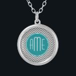 Teal Charcoal Chevrons Custom Monogram Silver Plated Necklace<br><div class="desc">Blue and Grey - A bold art deco pattern in fresh,  cheerful colours. If you need to adjust the monograms,  click on the customise it button and make changes.</div>