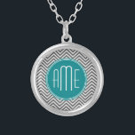 Teal Charcoal Chevrons Custom Monogram Silver Plated Necklace<br><div class="desc">Blue and Grey - A bold art deco pattern in fresh,  cheerful colours. If you need to adjust the monograms,  click on the customise it button and make changes.</div>