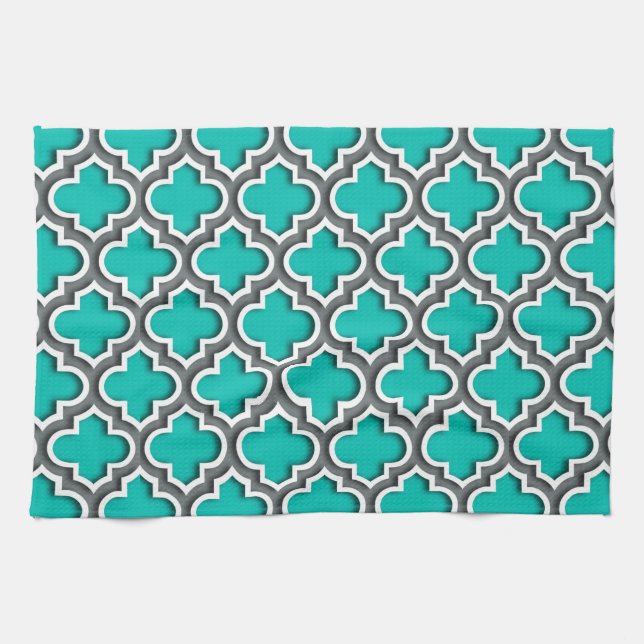 Teal Charcoal Grey White Moroccan Quatrefoil #5DS Tea Towel (Horizontal)