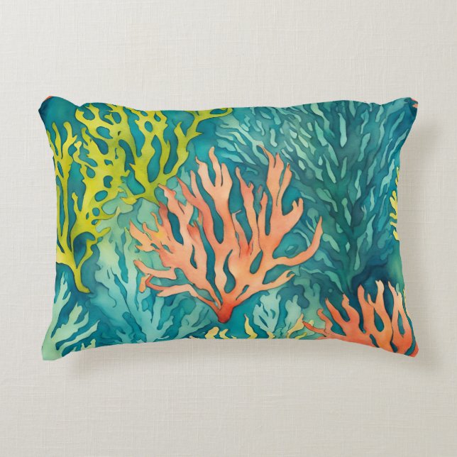 Teal Chartreuse Green Orange Coral Reef Beachy Decorative Cushion (Front)