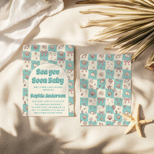 Teal Checkerboard Seashell Bow Baby Shower Invitation
