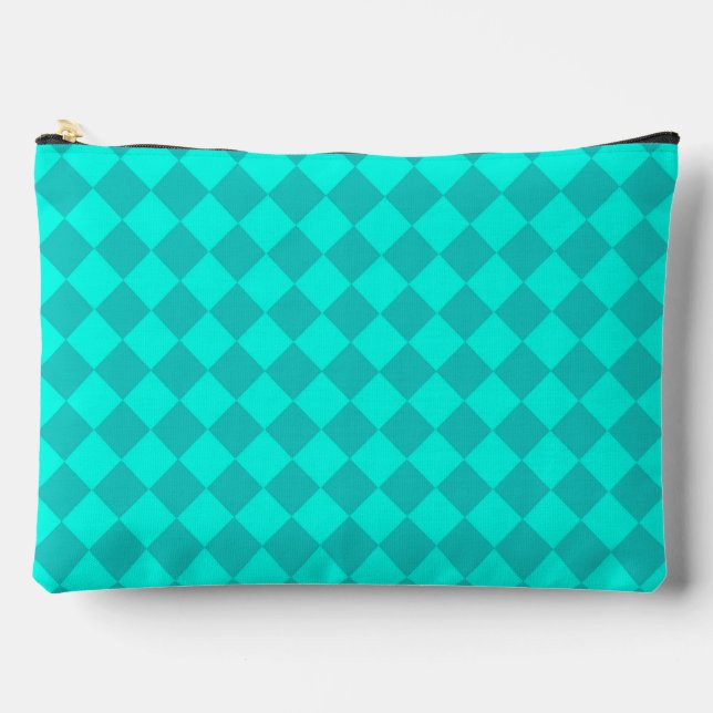 Teal Chequered Diamond Pattern Large Accessory Pouch (Front)