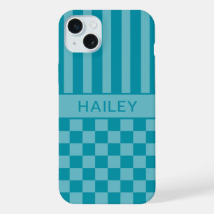 Teal Chequered Striped Personalised Case