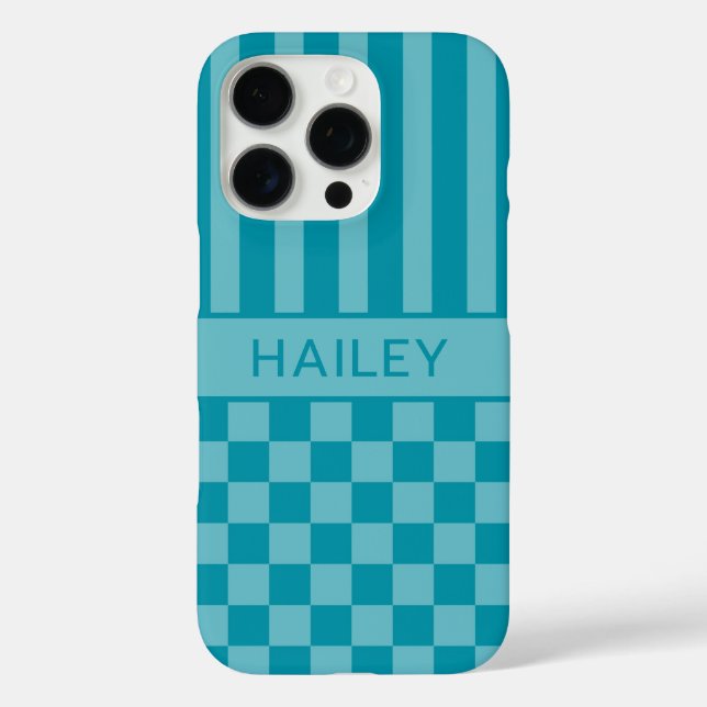 Teal Chequered Striped Personalised Case-Mate iPhone Case (Back)