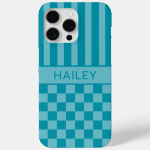 Teal Chequered Striped Personalised iPhone 15 Pro Max Case