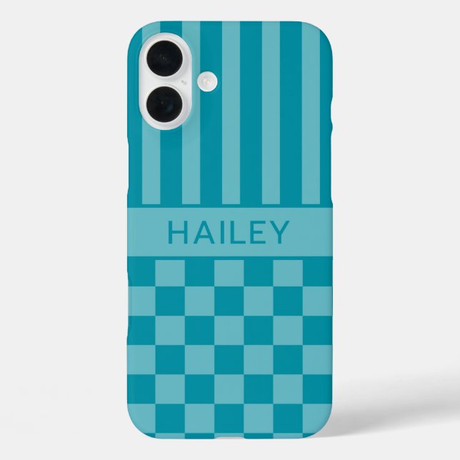 Teal Chequered Striped Personalised Case-Mate iPhone Case (Back)