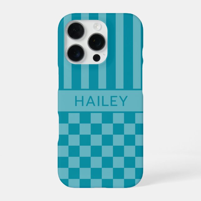 Teal Chequered Striped Personalised iPhone Case (Back)