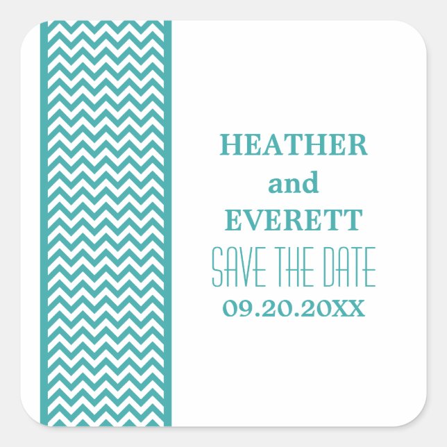 Teal Chevron Border Save the Date Stickers (Front)