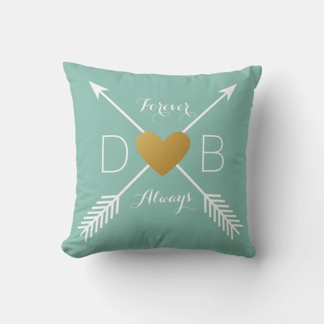Teal Chevron Gold Heart White Arrows Initials Cushion (Front)