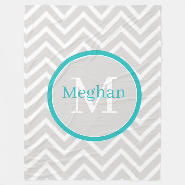 Teal Chevron Monogram Fleece Blanket (Front)