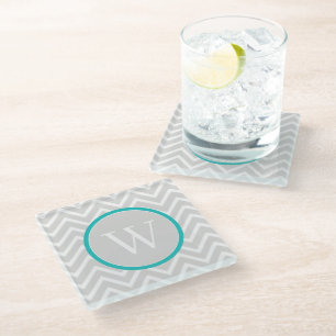 Teal Chevron Monogram Glass Coaster