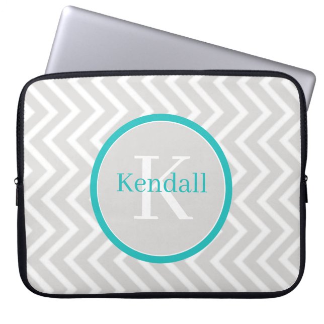 Teal Chevron Monogram Laptop Sleeve (Front)