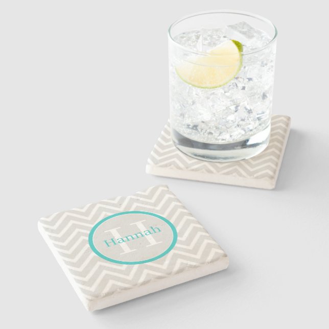 Teal Chevron Monogram Stone Coaster (Side)