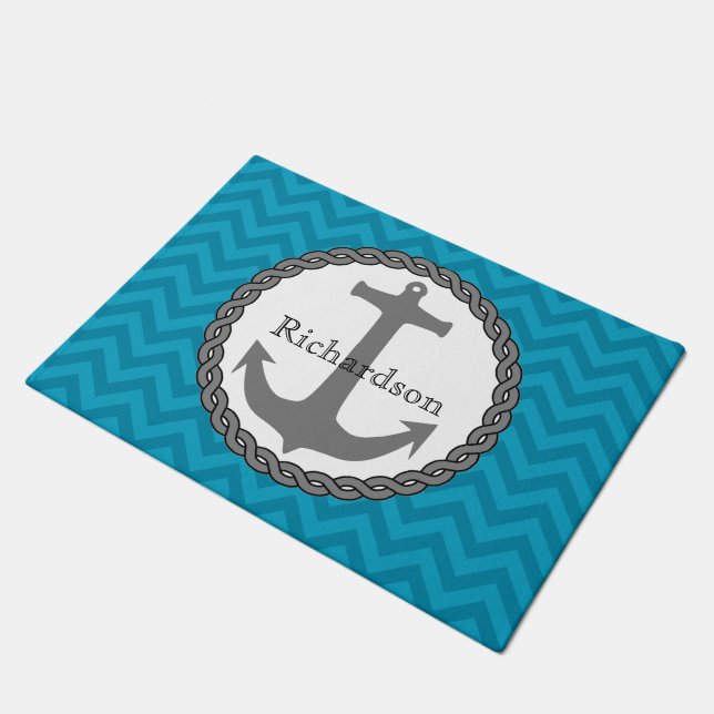 Teal Chevron Nautical Anchor Personalised Doormat (Angled)