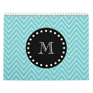 Teal Chevron Pattern Black Monogram Calendar