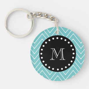 Teal Chevron Pattern Black Monogram Key Ring