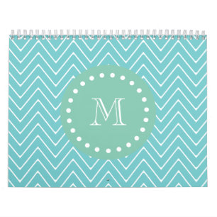 Teal Chevron Pattern Mint Green Monogram Calendar