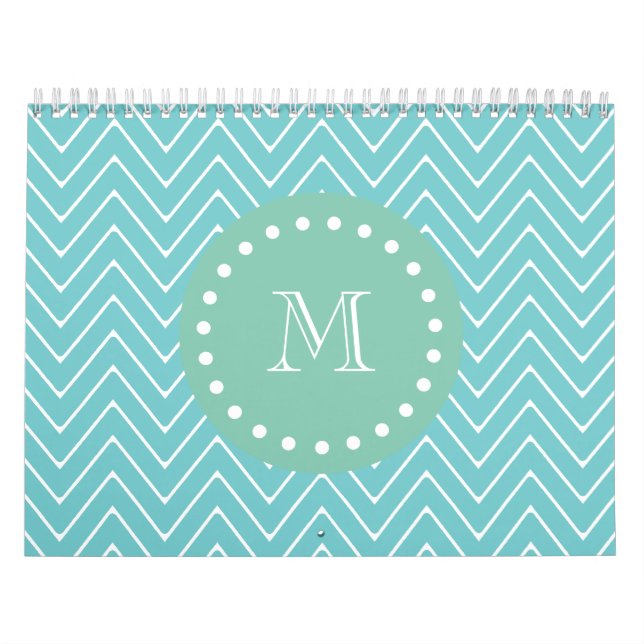 Teal Chevron Pattern | Mint Green Monogram Calendar (Cover)