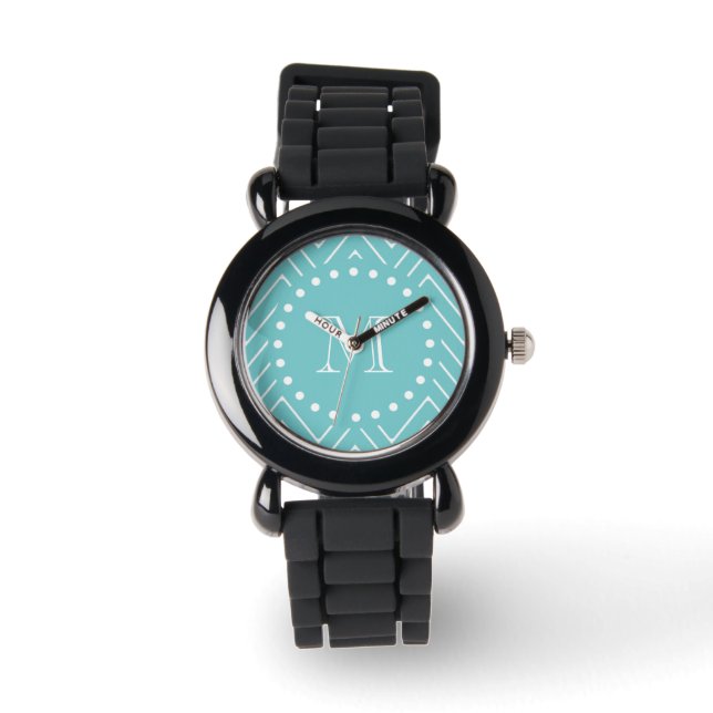 Teal Chevron Pattern | Teal Monogram Watch (Front)