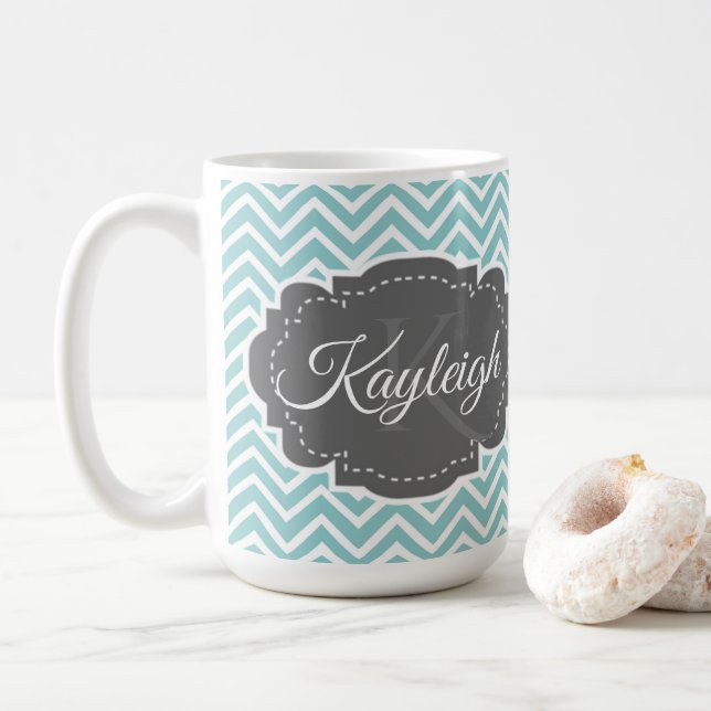 Teal Chevron Personalised Coffee Mug (With Donut)