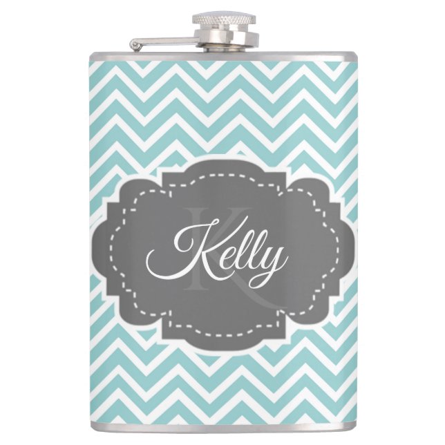 Teal Chevron Personalised Flask (Front)