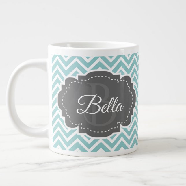 Teal Chevron Personalised Giant Coffee Mug (Left)