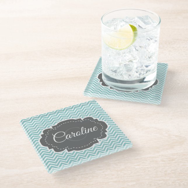 Teal Chevron Personalised Glass Coaster (Angled)