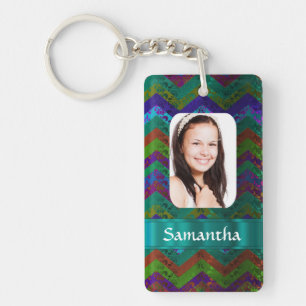 Teal chevron personalised photo template key ring