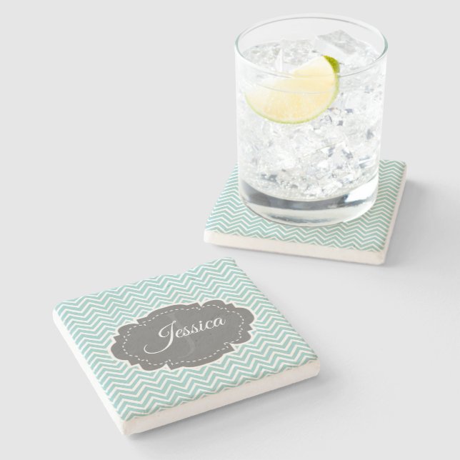Teal Chevron Personalised  Stone Coaster (Side)
