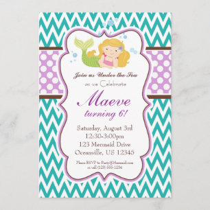 Teal Chevron, Purple Dots Blonde Mermaid Birthday Invitation