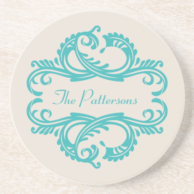 Teal Chic Damask Coaster (Front)