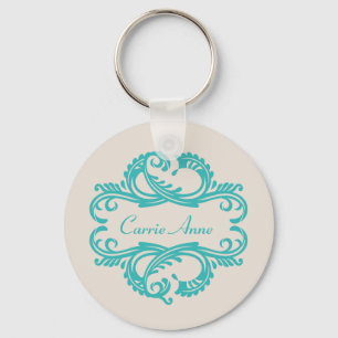 Teal Chic Damask Keychain