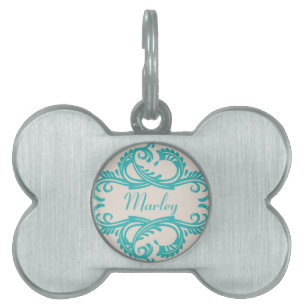 Teal Chic Damask Pet Tag
