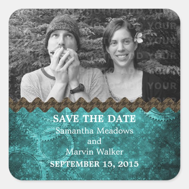 Teal Chic Steampunk Photo Save the Date Stickers (Front)