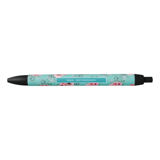 Teal | Chic Watercolour Floral Personalised Black Ink Pen (Front)